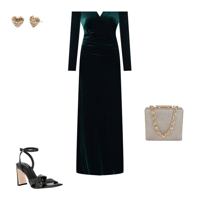 Xscape Velvet Off The Shoulder Split Neck Long Sleeve