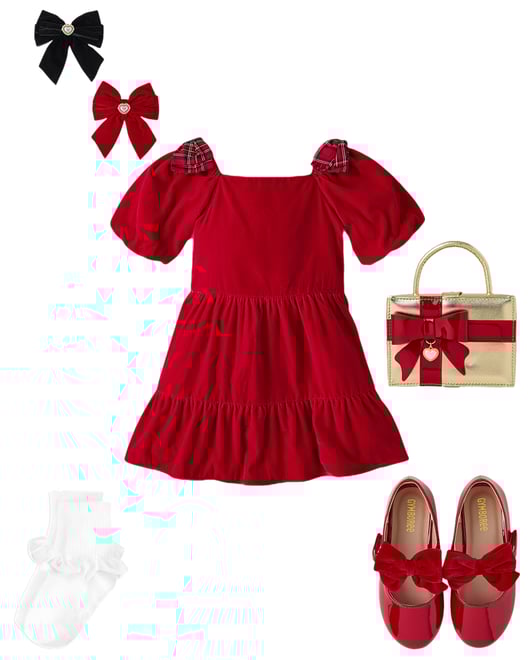 2nd bundle featuring 4 items which compliment Girls Plaid Bow Velvet Ruffle Dress