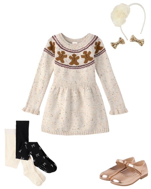1st bundle featuring 3 items which compliment Girls Intarsia Gingerbread Ruffle Sweater Dress