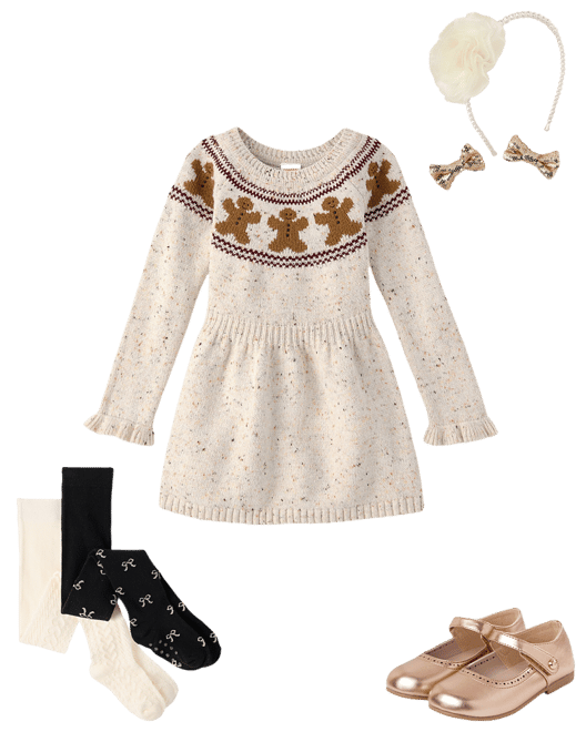 gingerbread christmas sweater dress Girls Long Raglan Sleeve Intarsia Gingerbread Ruffle Sweater Dress - Royal  Christmas - WHITE