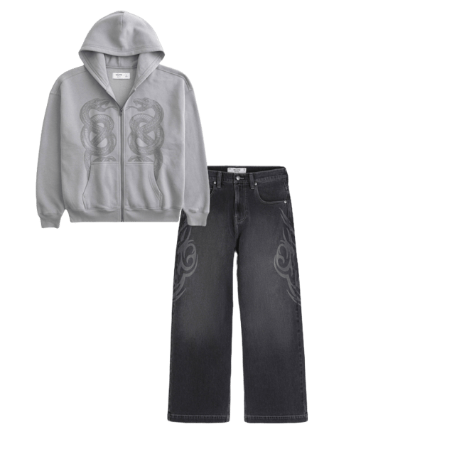 Boxy Zip-Up Double Snake Graphic Hoodie