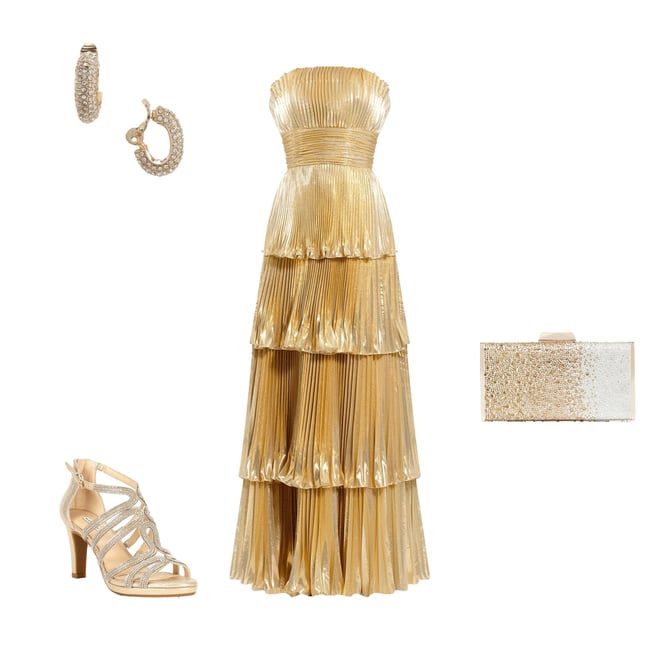 mac duggal gold tiered dress Mac Duggal Pleated Metallic One Shoulder High-low Gown main image 0