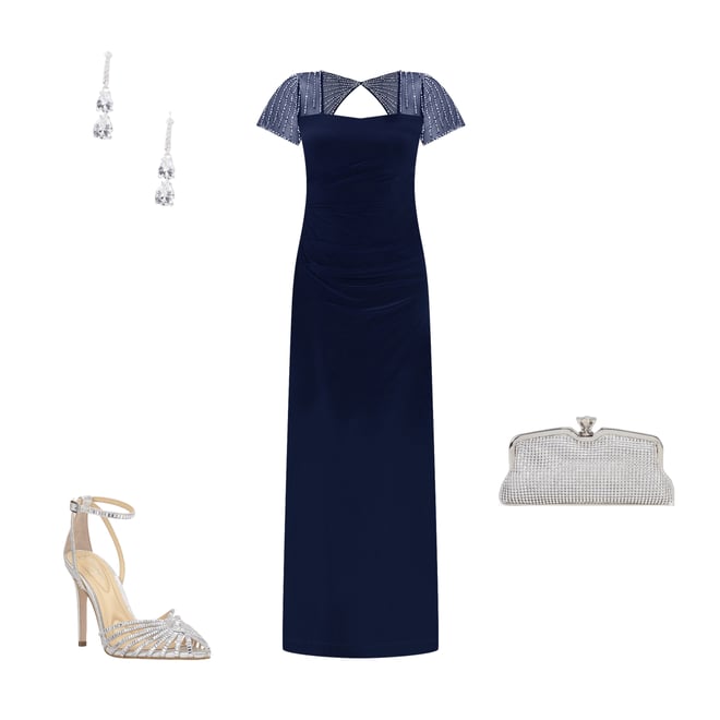 Betsy & Adam Square Neck Short Beaded Sleeve Open Back Gown | Dillard's