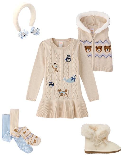 1st bundle featuring 4 items which compliment Girls Embroidered Polar Animals Peplum Sweater Dress