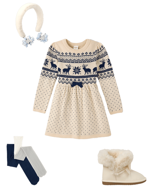 christmas reindeer mixed print knit long sleeve dress Handmade Christmas Sweater Dress, Festive Santa & Reindeer Knit