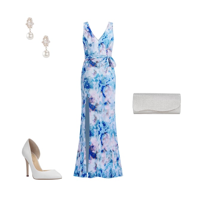 Dress the Population Sandra V-Neck Sleeveless Floral Printed Chiffon Front  Slit Sheath Gown | Dillard's