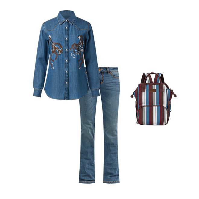 Women's Wrangler Horses Boyfriend Western Snap Shirt in Denim Mid Wash