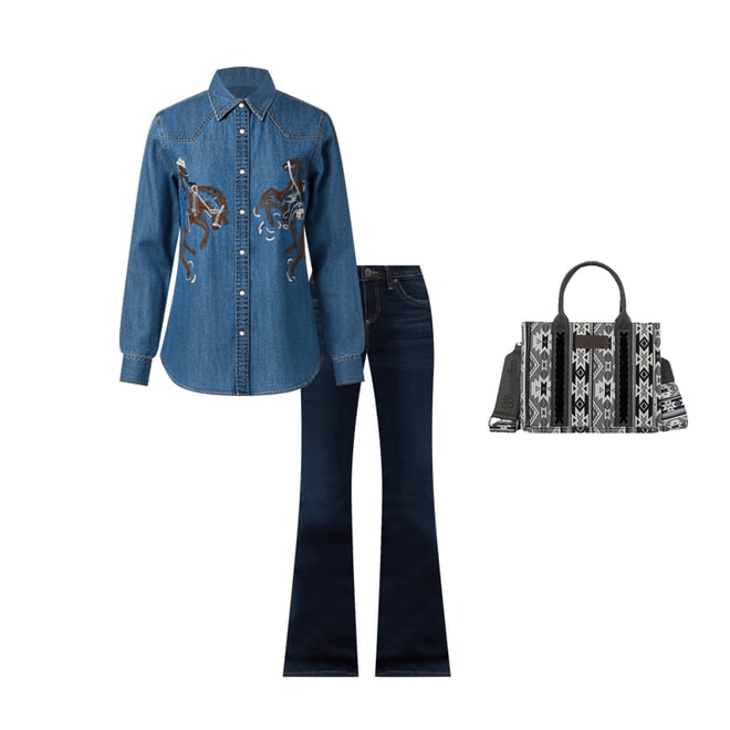 Women's Wrangler Horses Boyfriend Western Snap Shirt in Denim Mid Wash