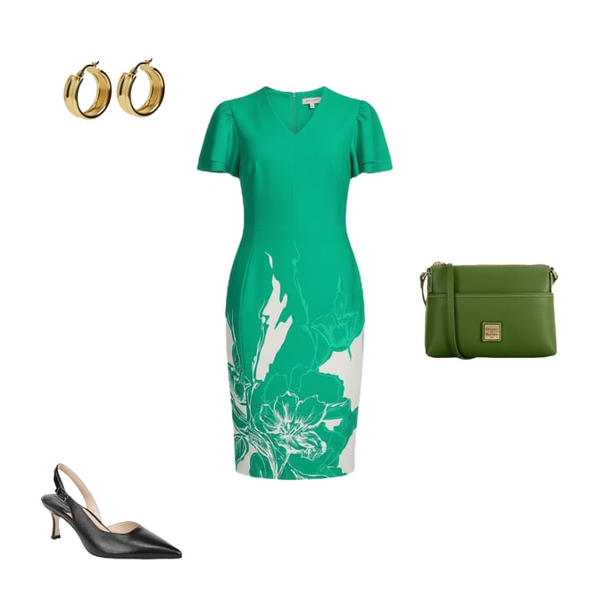 Investments Scuba Crepe Green Sketch Floral Short Ruffle Sleeve V-Neck  Sheath Dress | Dillard's