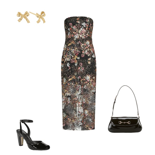 Sam Edelman Embroidered Mesh Floral Strapless Sheath Midi Dress