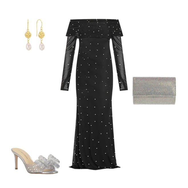 Premier Amour Womens Straight Neck Long Sleeve Off the Shoulder Pearl Trim  Evening Gown, Color: Black White - JCPenney