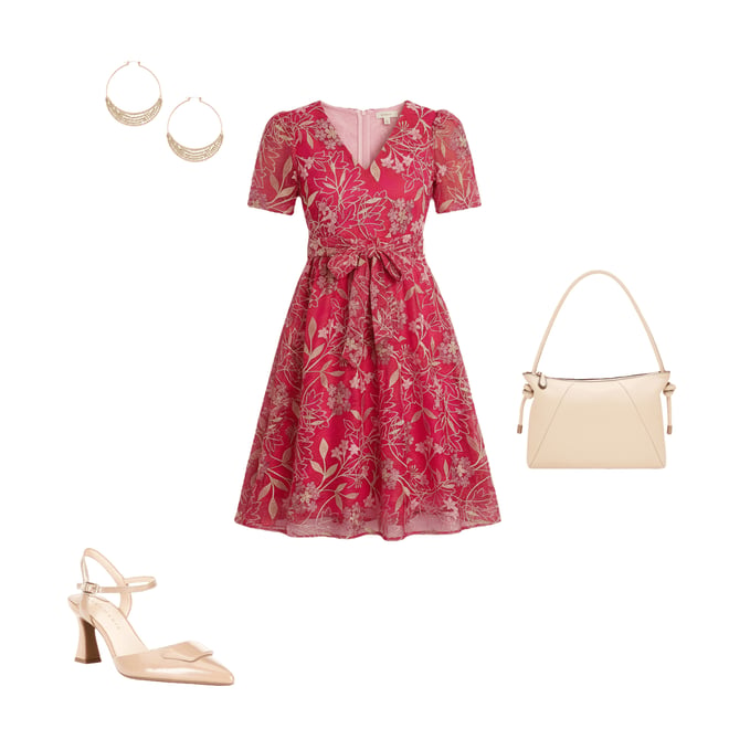 Kensie Embroidered Mesh Floral Pattern V-Neck Short Puff Sleeves Belted  A-Line Midi Dress | Dillard's
