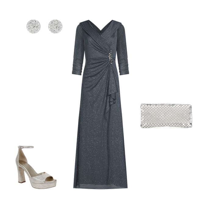 Alex Evenings Glitter Mesh Embellished Ruched Waist 3/4 Sleeve Gown |  Dillard's