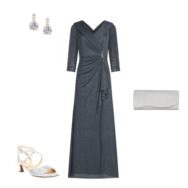 Alex Evenings Glitter Mesh Embellished Ruched Waist 3/4 Sleeve Gown |  Dillard's