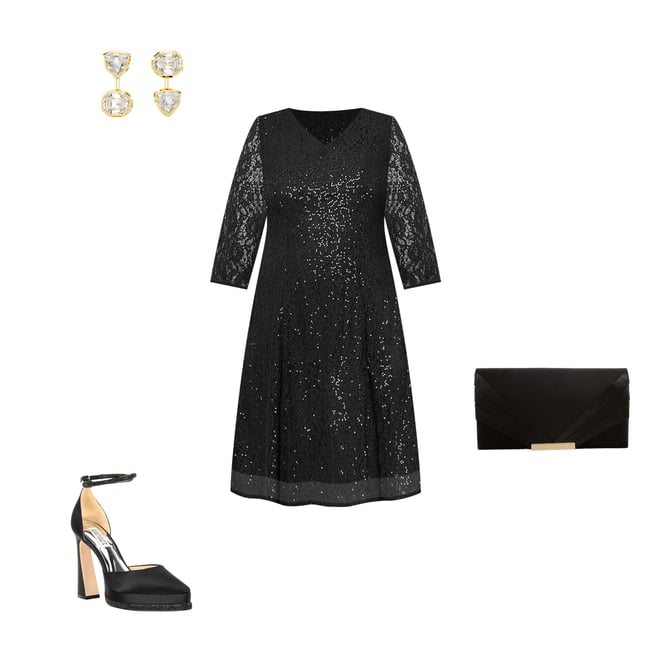 a-line v-neck floor-length chiffon bridesmaid dress with ruffle Long Sleeve Sequin A Line Plus Size Midi Dress in Black or Silver main image 0