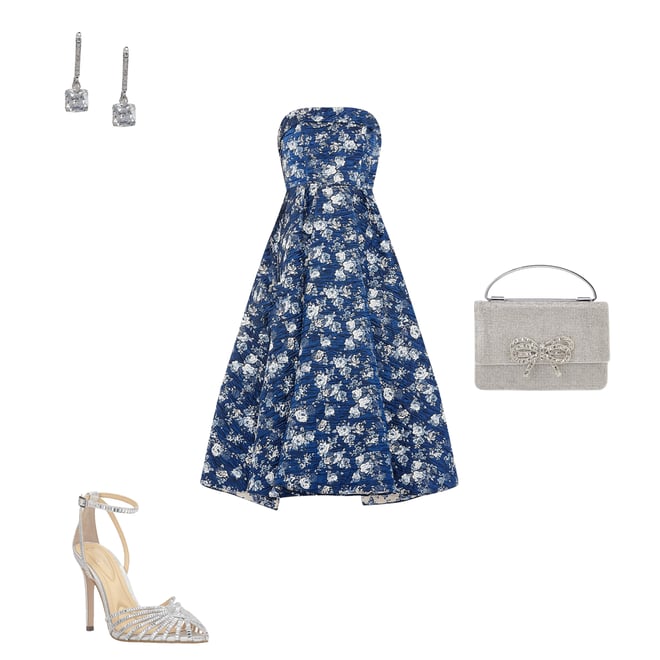 knee length dresses for ladies Blue Strapless Brocade A-Line Midi Dress With Pockets main image 1