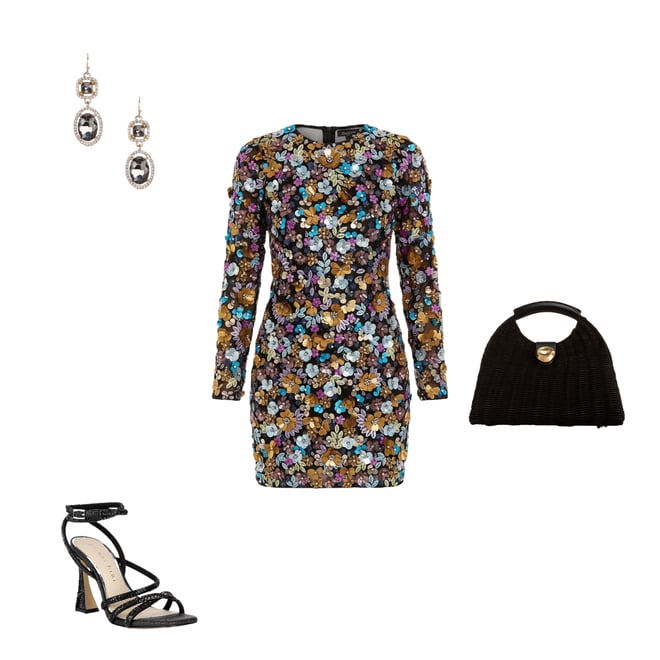 knee length dresses for ladies Interstella Sequin Long Sleeve Mini Dress Black