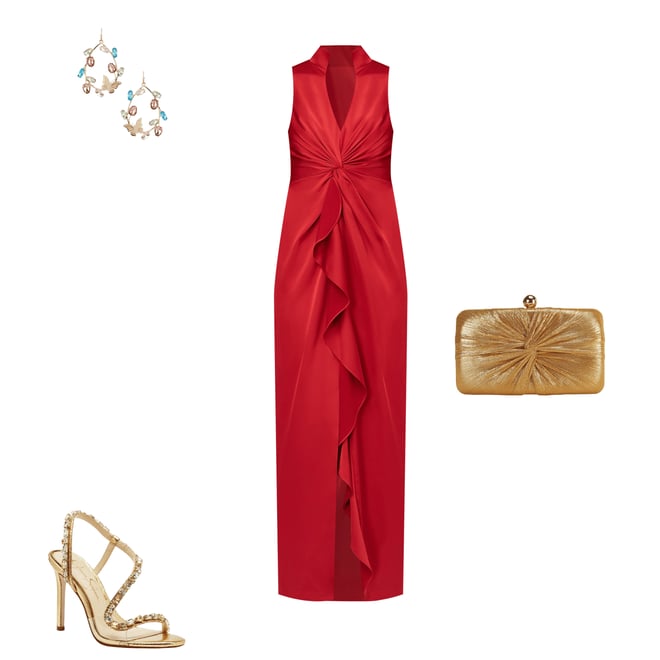 Aidan Mattox Satin V-Neck Twist Front with Cascading Ruffle Gown