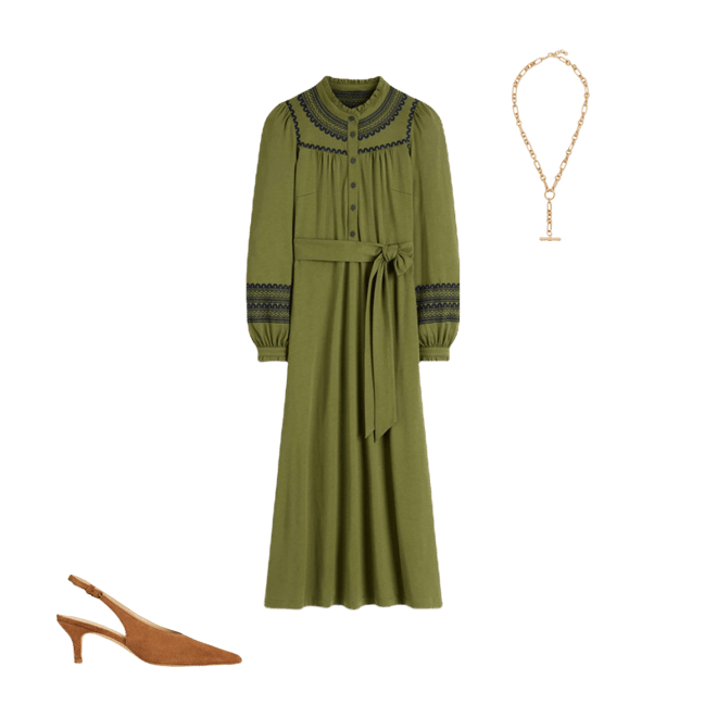 Embroidered Jersey Shirt Dress-Olive