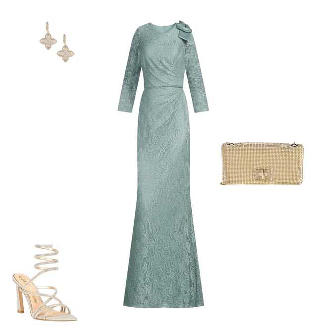 Jessica Howard Lace 3/4 Sleeve Asymmetrical Neck Bow Shoulder Side Tuck Gown  | Dillard's