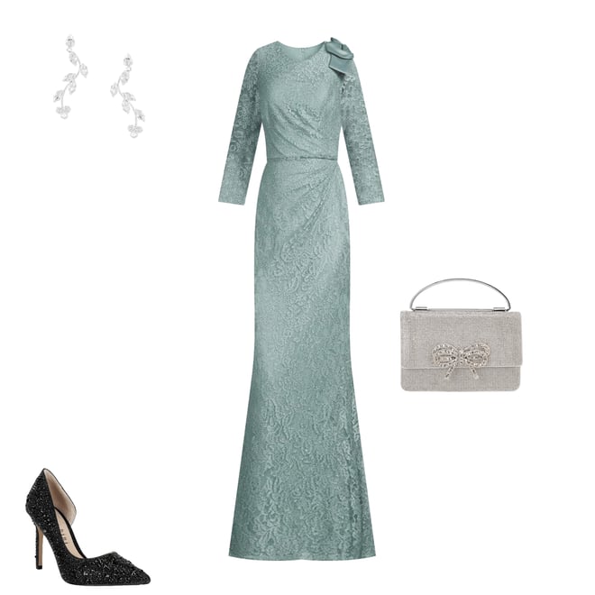 Jessica Howard Lace 3/4 Sleeve Asymmetrical Neck Bow Shoulder Side Tuck Gown  | Dillard's