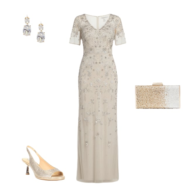 Adrianna Papell Beaded Mesh V-Neck Short Sleeve Dress | Dillard's