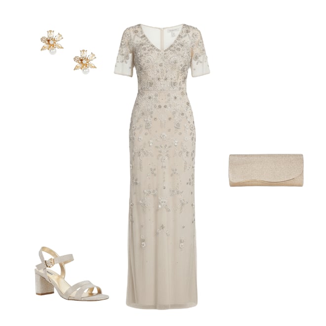 Adrianna Papell Beaded Mesh V-Neck Short Sleeve Dress | Dillard's