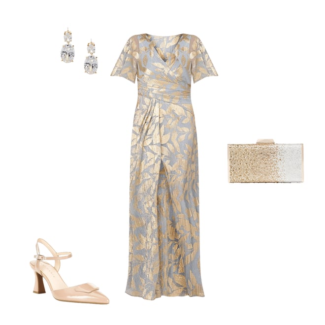 Adrianna Papell Foiled Leaf Print Surplice V-Neck Short Flutter Sleeve Gown  | Dillard's