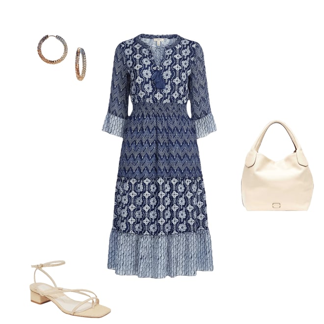 John Mark Mixed Print Scoop Neck 3/4 Flounce Sleeve Tiered A-Line Midi Dress  | Dillard's