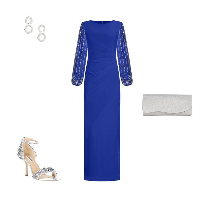 Marina Boat Neck Long Beaded Elastic Cuff Sleeve Matte Jersey Back Slit Sheath  Gown | Dillard's