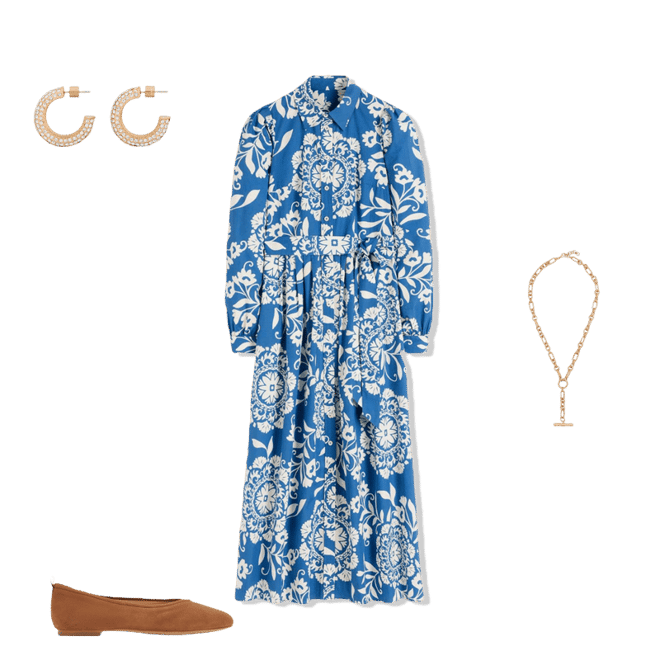 knee length dresses for ladies Alexa Long Sleeve Midi Dress-Blue, Decorative Blossom main image 0