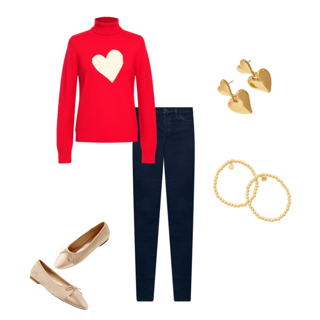 Women's Mockneck Pullover Sweater - Intarsia Heart - Red/Sesame Heather - XS Talbots