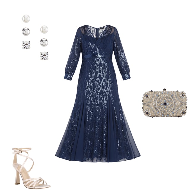 R & M Richards V-Neck Long Sleeve Embroidered Sequin Mesh Gown | Dillard's