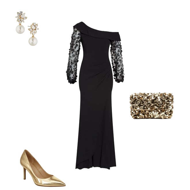 green emerald velvet dress Madeline Long Scuba Crepe Off The Shoulder Drop Dress