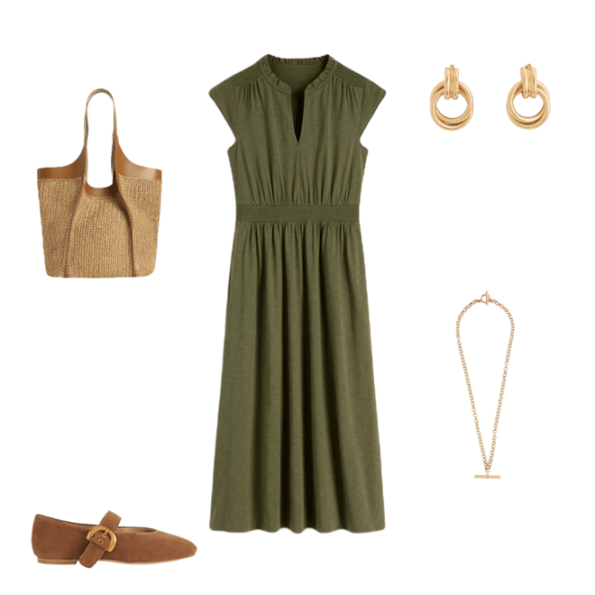 Alba Smocked Jersey Midi Dress-Olive | Boden USA