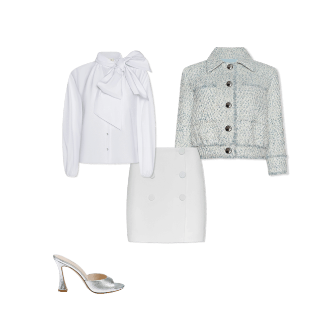 Jia Fringed Tweed Jacket in Light Blue/Ivory Chevron | L'AGENCE