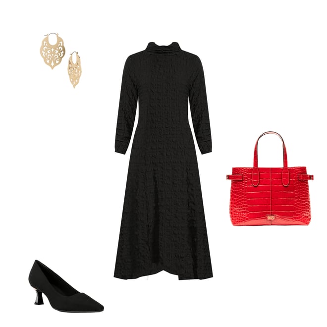IC Collection Textured Bubble Check Pucker Woven Mock Neck 3/4 Sleeve Asymmetrical  Hem Midi A-Line Dress | Dillard's