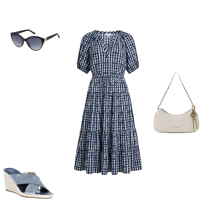Calvin Klein Gingham Print Spilt V-Neck Short Puff Sleeve Tiered
