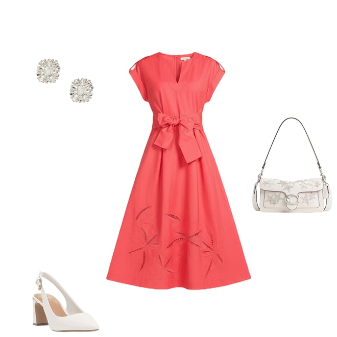 Vince Camuto Solid V-Neck Cap Sleeve Belted Midi A-Line Dress
