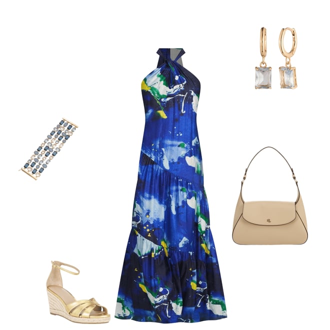 Lauren Ralph Lauren Linen Blend Shantung Halter Neck Sleeveless Printed  Shift Gown