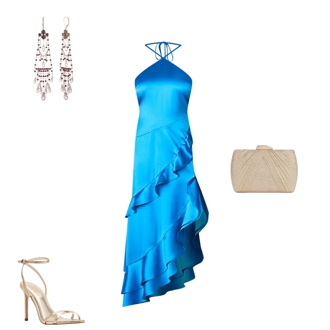 Steve Madden Caspia Solid Satin Halter Neck Asymmetrical Ruffle Midi Dress  | Dillard's
