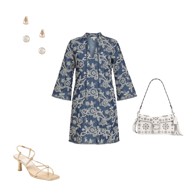 Eliza J Embroidered Denim 3/4 Sleeve Crew Keyhole Neckline Tie Front Shift  Dress | Dillard's