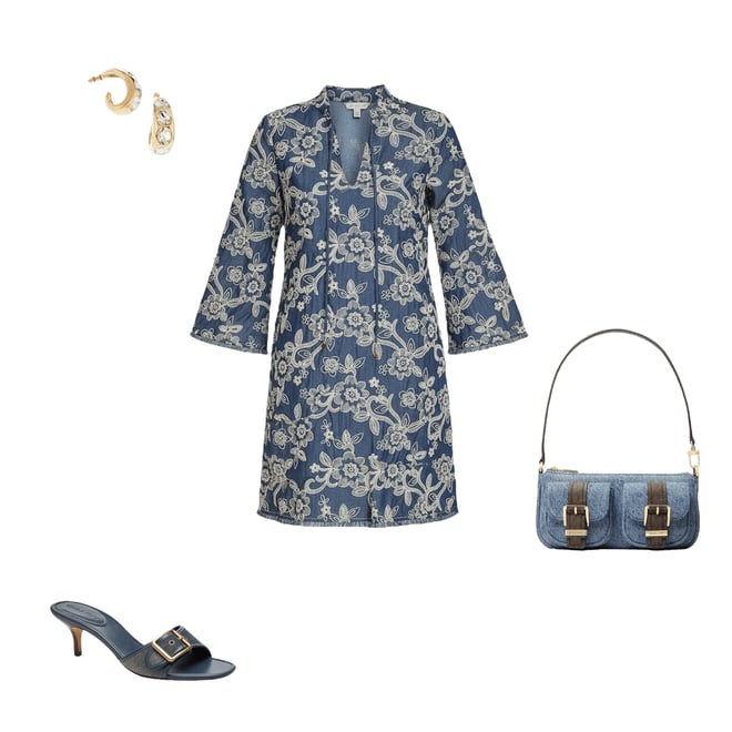 Eliza J Embroidered Denim 3/4 Sleeve Crew Keyhole Neckline Tie Front Shift  Dress | Dillard's