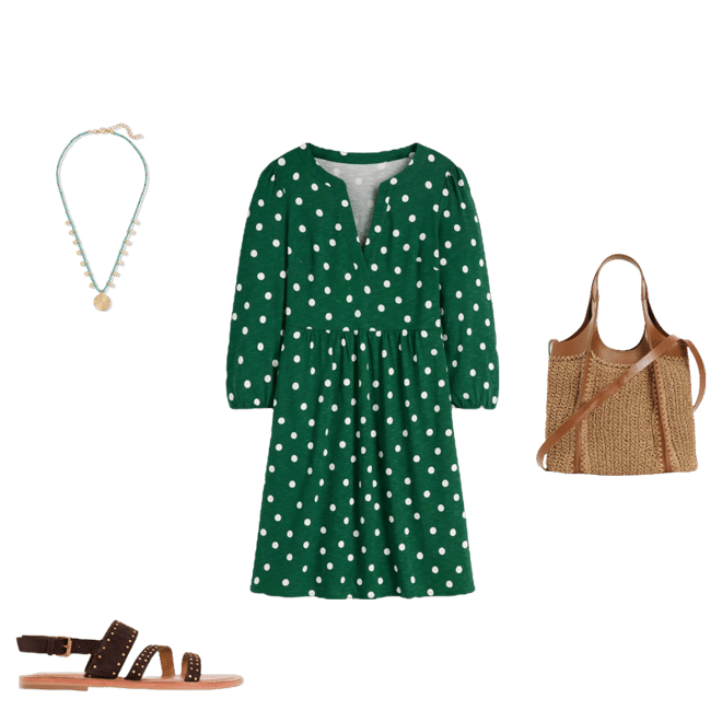 Cathy Notch Neck Jersey Dress-Hunter Green, Painted Dot | Boden USA