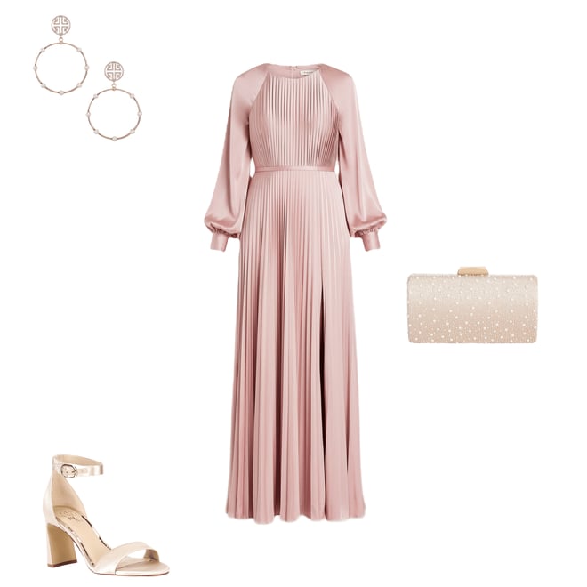 open lace back dress Long Sleeve Formal Pleated Dress Long Sleeves & Pleated Detail Mac Dug –  The Dress Outlet main image 0