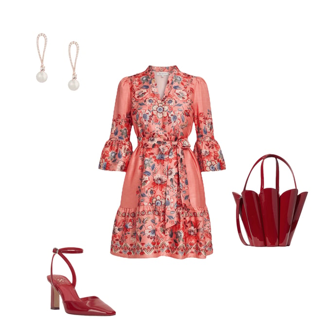 Vince Camuto Floral Print V-Neck 3/4 Sleeve Belted A-Line Dress | Dillard's