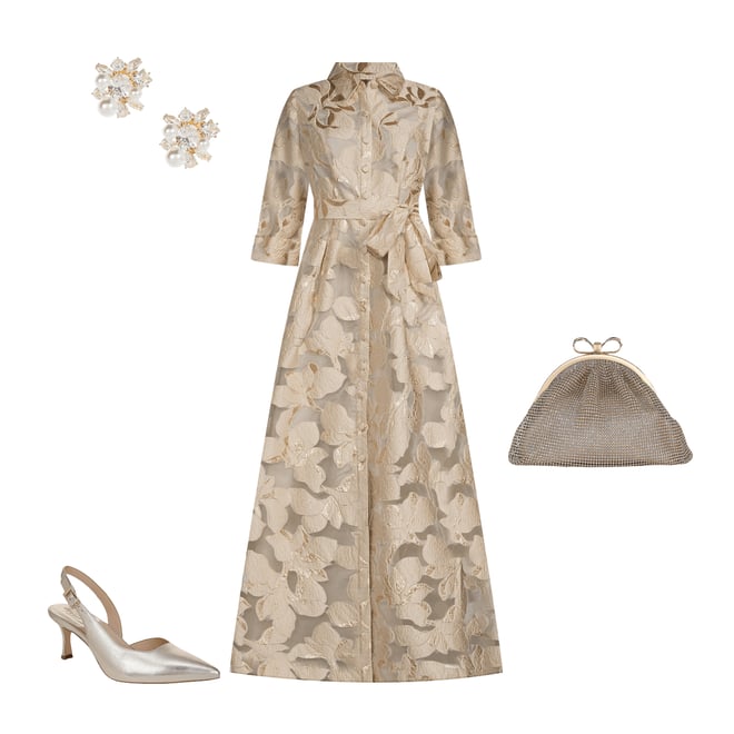 Alex Evenings Point Collar 3/4 Sleeves Long Jacquard Gown | Dillard's