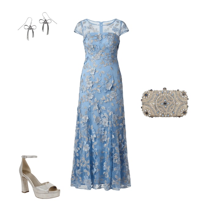 Adrianna Papell Floral Embroidered Boat Neck Short Sleeve A-Line Long Dress 