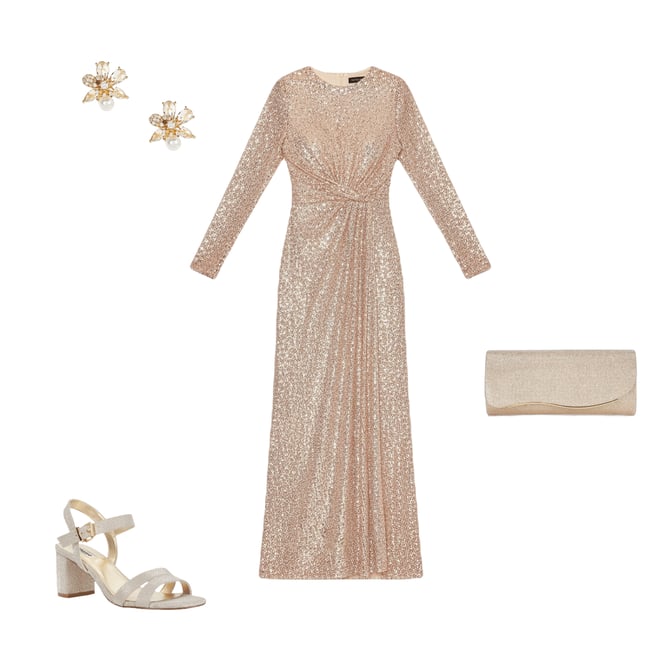 knee length dresses for ladies Long Beaded Rose Formal Dress with Long Sleeves– PromGirl