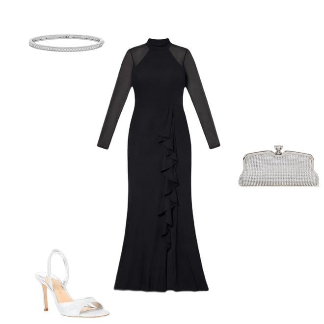 Betsy & Adam Mock Neck Illusion Long Sleeve Ruffled Scuba Crepe Mesh Gown |  Dillard's